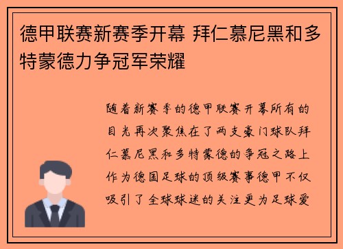 德甲联赛新赛季开幕 拜仁慕尼黑和多特蒙德力争冠军荣耀